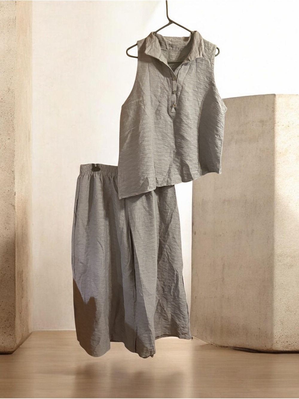 Sleeveless Collared Top and Wide-Leg Pants Set in Light Gray